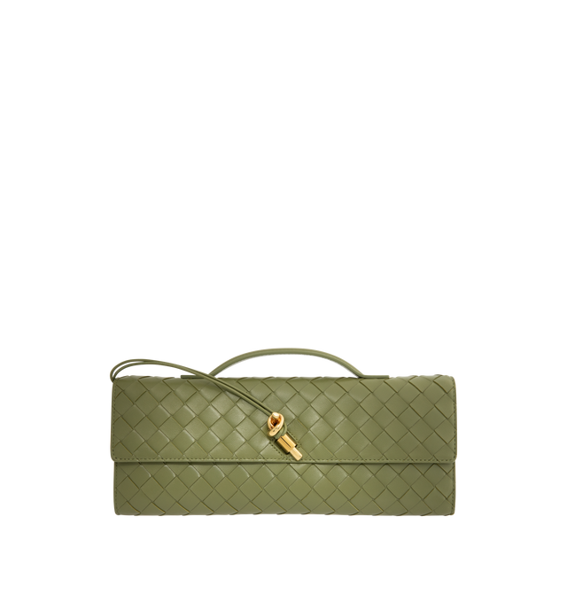 Image 1 of 3 - GREEN - BOTTEGA VENETA Andiamo Clutch featuring top handle, intrecciato leather with signature metallic knot closure, six card slots and one additional pocket. 5.1" x 12.2" x 1.2. Lambskin, calfskin. Made in Italy.