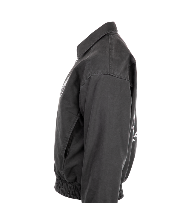 Image 3 of 3 - BLACK - ENFANTS RICHES DEPRIMES Chapitre XXI Moleskin Work Jacket featuring zip front closure, cotton herringbone lining, spread collar, elastic cuffs and waistband, seam pockets at waist and printed artwork. 100% cotton. Made in the USA.