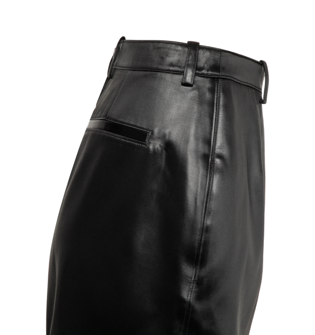 Image 3 of 3 - BLACK - SAINT LAURENT Midi Pencil Skirt featuring front slit, side pockets, back pockets, waistband with belt loops, and silk and elastane lining. 53% cotton, 47% acetate. 