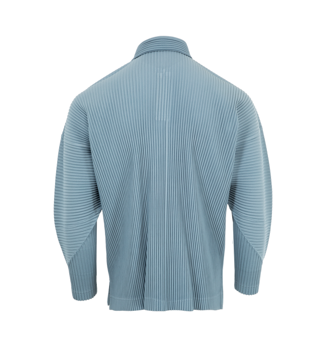 Image 2 of 2 - BLUE - ISSEY MIYAKE Pleated Long-Sleeve Polo Shirt featuring expert pleating, spread collar, two-button placket, long sleeves, vented sides and pullover style. 100%polyester.