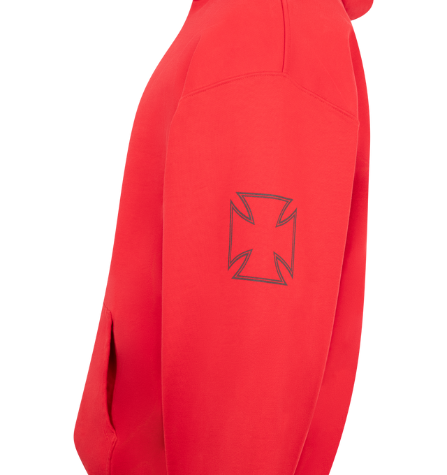 Image 3 of 3 - RED - VETEMENTS Tripple Biker Cross Logo Hoodie featuring cotton-blend French terry hoodie, embroidered logo and drawstring at hood, logo graphic printed at chest, kangaroo pocket at front, rib-knit hem and cuffs, dropped shoulders and graphic printed at sleeves. 80% cotton, 20% polyester. Made in Portugal.