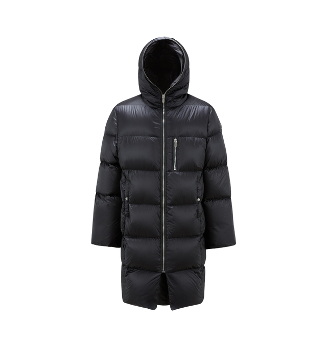 Image 1 of 1 - BLACK - RICK OWENS X MONCLER GIMP COAT featuring above the knee length, hood, center front zipper closure, vertical zippered pocket on the left chest, two front snap closure pockets and long sleeves with ribbed cuffs. BASE FABRIC: 100% Polyester PADDING: 90% Down, 10% Feather DETAILS PADDING: 100% Polyester LINING: 100% Polyester. Made in Italy. 