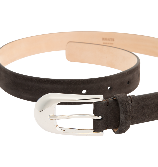 Image 2 of 2 - BROWN - KHAITE Dome Silver 25 Belt featuring smooth calf leather belt with polished silver-tone hardware and adjustable buckle closure. Buckle measures approx 4" W x 2.6" H. Made in Italy.