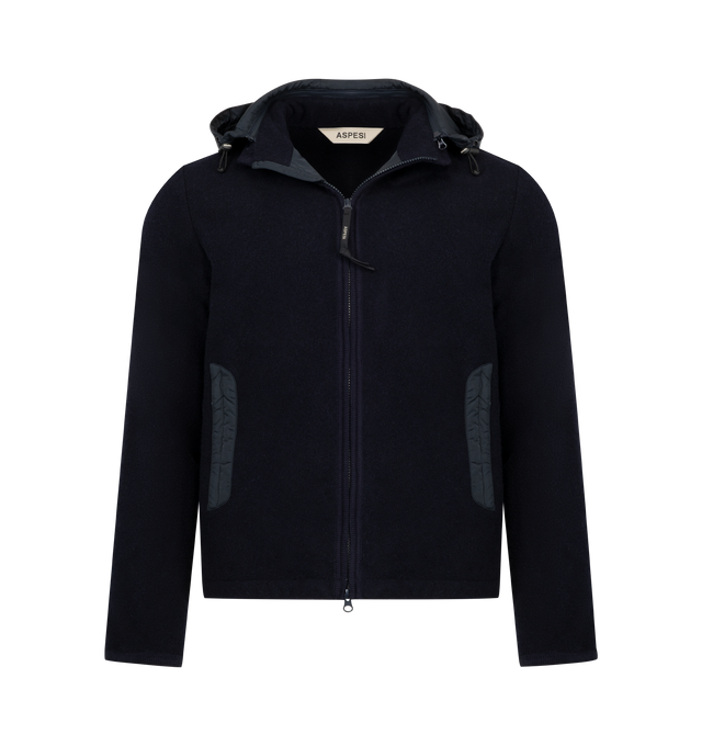 Image 1 of 3 - NAVY - ASPESI Giubbotto Werner Jacket featuring Shetland wool outer, nylon-lined front body and sleeves, stand-up collar, nylon welt pockets, knitted cuffs, zip trim, hood with adjustable drawstring, branded cord locks, drawstring at the hem, double-slider front zip fastening and slim fit. 100% wool.