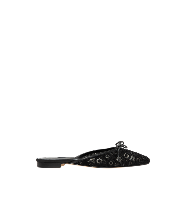 Image 1 of 4 - BLACK - MANOLO BLAHNIK Ballerimu Lace Flats featuring almond toe, slide on mule style, decorative leather bow and lace detail. Made in Italy.