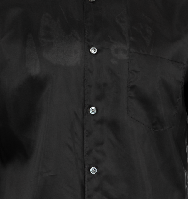 Image 3 of 3 - BLACK - Comme des Garons Shirt satin finish long-sleeved buttoned shirt featuring chest patch pocket, classic collar, front button fastening, long sleeves, buttoned cuffs, and curved hem. 100% Cupra. Made in France.