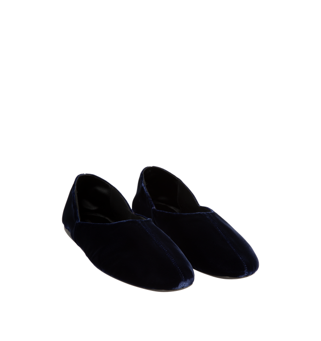 Image 2 of 4 - BLUE - Khaite Women's Velvet Flats are crafted from soft velvet textile and features a slipper-inspired silhouette, a rounded vamp, and a signature gold staple detail. Designed for everyday comfort, this refined flat is lined in suede and finished with a padded insole. Main Material: Textile. Lining: Leather. Insole: Padded.