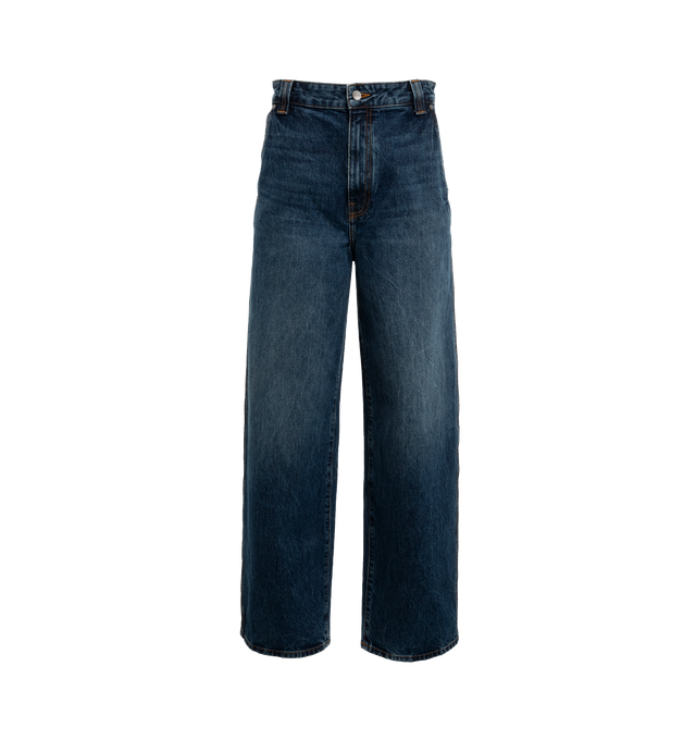Image 1 of 3 - BLUE - KHAITE Bacall Jean featuring low waist, long-rise, full-length silhouette with added room in the leg for a more relaxed fit. 100% cotton. 