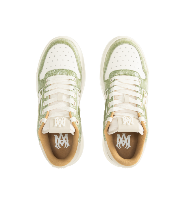 Image 5 of 5 - GREEN - AMIRI Pebbled Classic Low Sneakers featuring low-top buffed and pebble-grained leather sneakers, perforations at vamp and sides, lace-up closure, logo patch at padded tongue, padded collar, rubberized mesh trim at sides, logo bonded at sides and heel collar, mesh lining and treaded rubber sole. Upper: leather, rubber. Sole: rubber.
