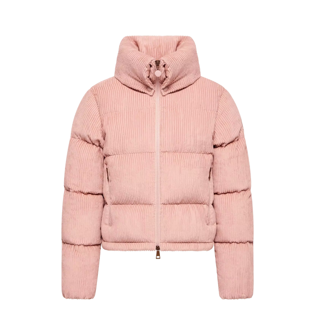 Image 1 of 1 - PINK - Moncler Women's Lumineux Corduroy Short Down Jacket is crafted from soft corduroy and features a regular-fit short silhouette, down-filled insulation, and a front zip closure. Designed with refined grosgrain detailing, zipped welt pockets, and a drawstring hem for an adjustable fit, this versatile puffer combines the warmth of technical outerwear with the sophistication of a classic winter wardrobe. Main Material: 100% Viscose / Rayon. Lining: 100% Polyamide / Nylon. Padding: 90% Down,