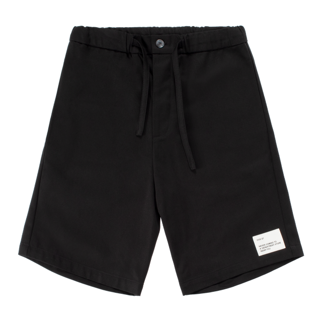 Image 2 of 6 - BLACK - OCD 27 Drawstring Bermuda Shorts featuring elastic waist, button fly, drawstring, back patch pocket and logo patch on leg. Fabric sources from Japan. 100% cotton.
