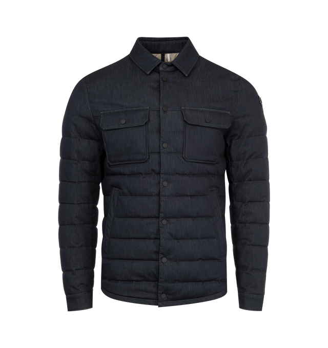 Image 1 of 3 - NAVY - Moncler Mirmandix Short Down Jacket has a spread collar, a 2-way zip front closure with a press stud placket, side pockets, chest patch pockets, silver-tone hardware, and a leather logo patch. Lined. Down and feather fill. 100% polyester. Made in Romania.