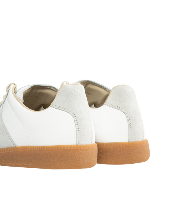 Image 3 of 5 - WHITE - MAISON MARGIELA Replica Sneakers featuring lace-up sneakers in buffed nappa calfskin and calfskin suede, contrasting sole, Maison Margiela logo label on the tab, internal Replica label, internal elastic and all-over Maison Margiela logo insole. 100% calf leather. Sole: 100% rubber. Made in Italy.