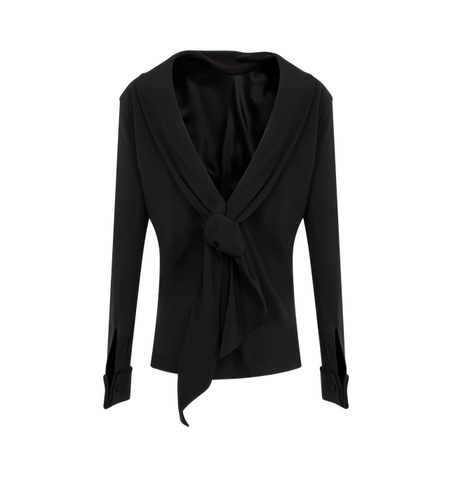 Image 2 of 2 - BLACK - THE ROW Evo Draped Top featuring a plunging back with a shawl collar, long sleeves and french square cuff. 100% viscose. Lining: 100% silk. Made in Italy.