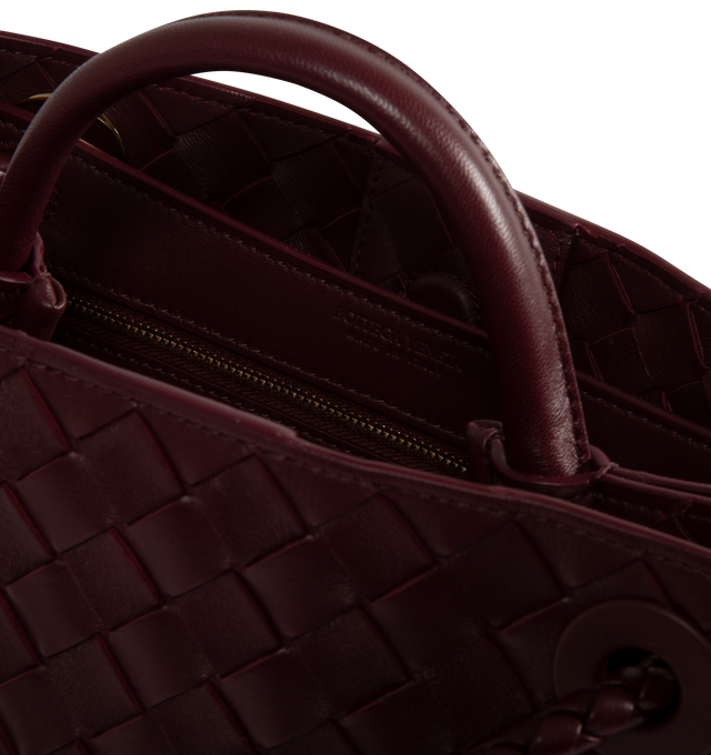 Image 6 of 6 - BROWN - Bottega Veneta small Andiamo handbag featuring intrecciato leather with leather top handle, sliding cross-body strap, compartmented interior with one zippered pocket, two open pockets and magnetic closure. 7.9" x 9.8" x 3.9". 100% lambskin. Made in Italy.