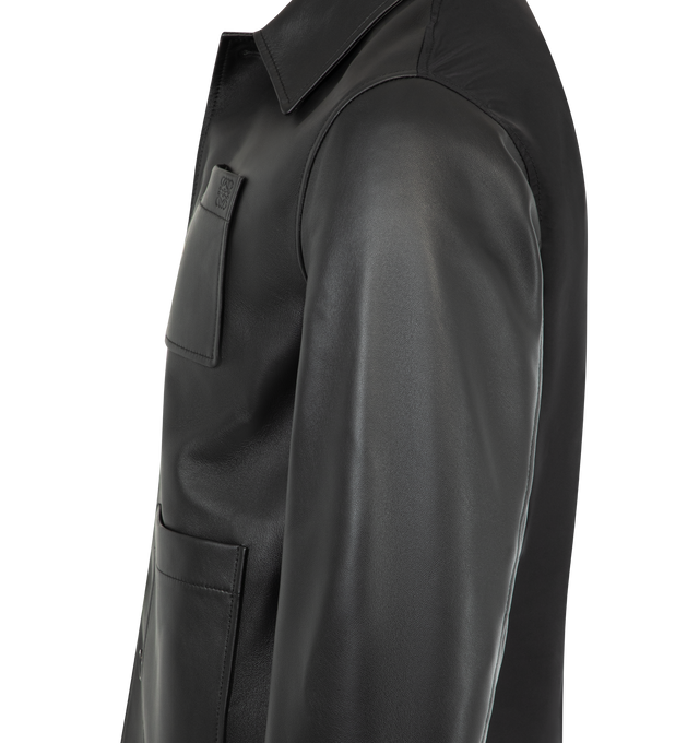 Image 3 of 3 - BLACK - LOEWE Workwear Jacket in lightweight nappa lambskin and compact nylon twill featuring a hybrid construction, regular fit, regular length, classic collar, button front fastening, patch pockets, fully lined, wmbossed Anagram placed on the chest pocket and LOEWE engraved D-ring placed at the front pocket. Nappa. Made in Italy.