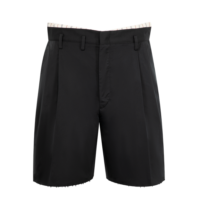 Image 1 of 3 - BLACK - MAISON MARGIELA Tailored shorts featuring exposed interior waistband, front pleats, asymmetrical belt loops and four stitches at the back. 100% polyester. Made in Italy.