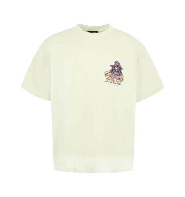 Image 1 of 2 - NEUTRAL - MARKET No Rules No Limits Tee featuring soft cotton, relaxed everyday fit, small front chest print paired with an oversized back illustration showcasing a wizard gripping a monster truck surrounded by flame graphics and bold typography, crewneck and short sleeves. 100% cotton.