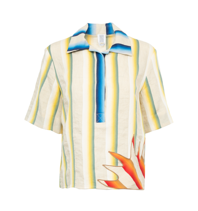 Image 1 of 3 - MULTI - ROSIE ASSOULIN Here Comes The Sun Shirt featuring striped print, sunburst patch at front, collared neck and short sleeves and partial snap button placket, 73% linen, 27% cotton. 