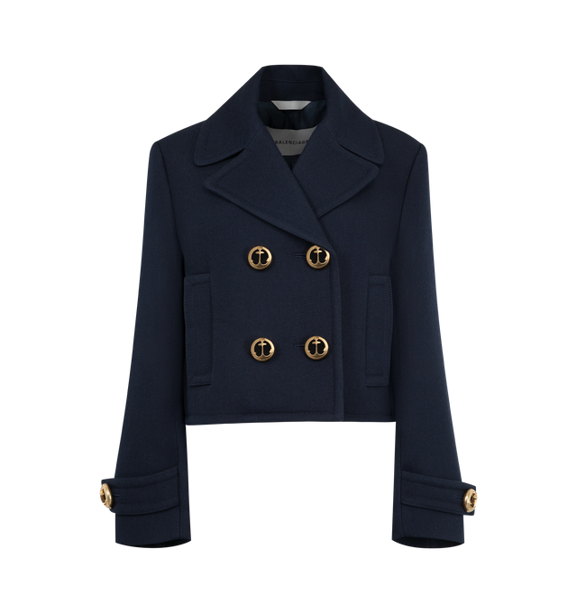 Image 1 of 3 - NAVY - BALENCIAGA Cropped Peacoat in textured wool featuring cropped fit, wide notch lapel, 4-button double-breasted front, gold-toned anchor buttons, button-tab sleeves and 2 welt pockets. 100% wool. Lining: 100% viscose. Made in Italy.