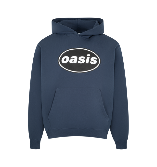 Image 1 of 2 - NAVY - PLEASURES Knebworth Hoodie featuring pull-on styling, kangaroo pocket, front graphic detail and terrycloth lining. 100% cotton.