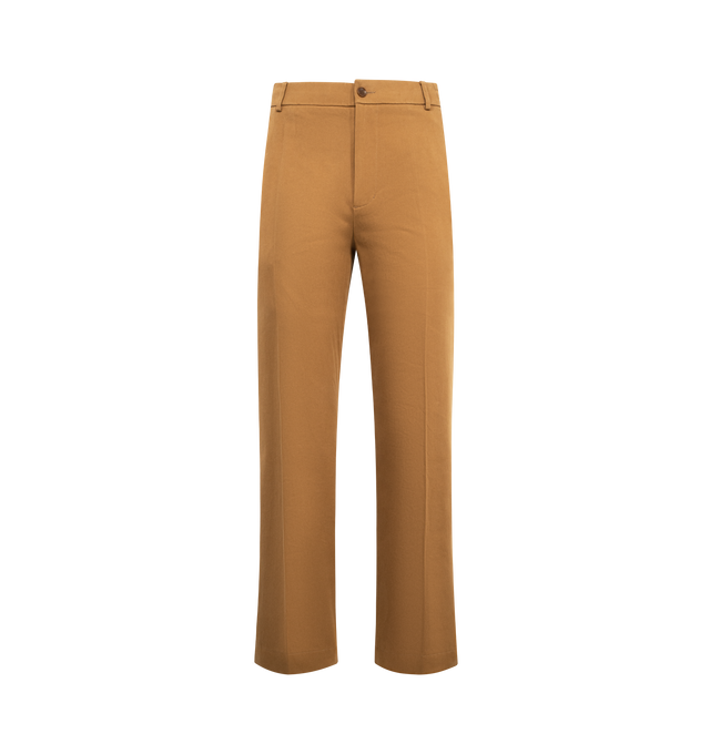 Image 1 of 3 - BROWN - MONCLER Cotton Tailored Pants featuring cotton drill, waistband with drawstring fastening, button and zipper closure, pockets with snap button closure and ribbed trim. 100% cotton. Made in Romania.