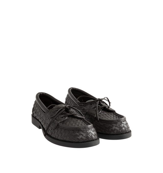 Image 2 of 4 - BROWN - Bottega Veneta Mens Intrecciato Boat Shoes are crafted from Intrecciato calfskin leather. Feature a lace-up boat shoe silhouette, calfskin lining, rubber outsole, and flat heel. Main Material: Calfskin Leather; Lining: Calfskin Leather; Sole: Rubber. Made in Italy.