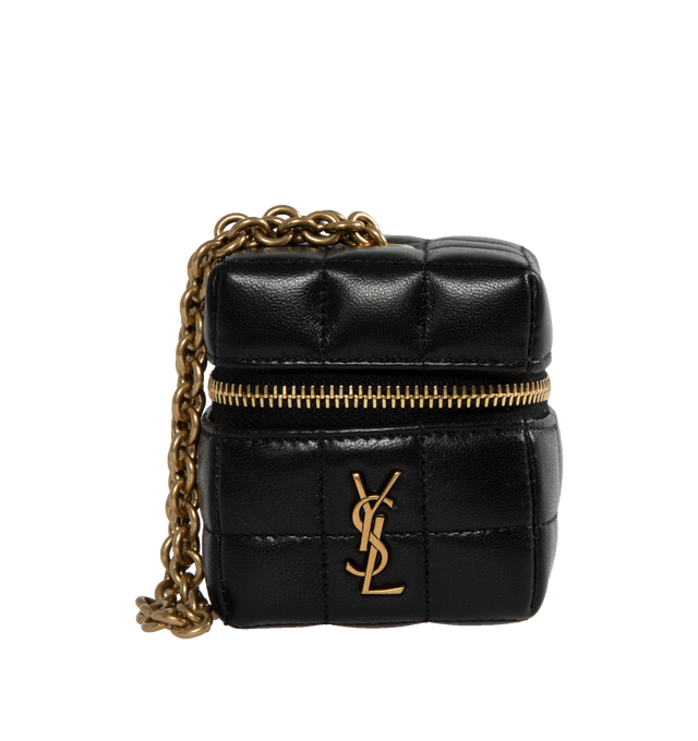 Image 1 of 3 - BLACK - SAINT LAURENT Mini Cube Bag with Chain featuring zip closure, quilted overstitching and chain wrist strap. 2.6" X 3.1" X 2.6". 100% lambskin.  