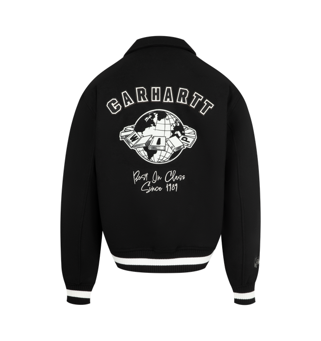 Image 2 of 4 - BLACK - CARHARTT World Class Varsity Jacket featuring nylon diamond quilted lined, rib-knit cuffs and bottom band, two front piped pockets, graphic embroidery and patches, inside chest pocket and front closure with personalized snaps. 70% polyester, 30% wool.