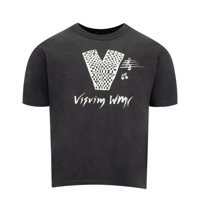 Image 1 of 2 - BLACK - VISVIM Jumbo Tee V Crash featuring jersey short sleeve t-shirt, garment-dyed, damaged finish, jumbo silhouette and screen print detail. 100% cotton.