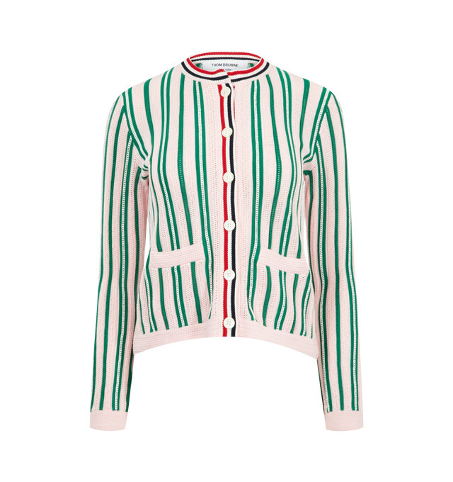 Image 1 of 2 - MULTI - THOM BROWNE Crochet Stitch Stripe Cardigan featuring crew neck, RWB stripe collar and placket, front button closure, two front patch pockets, stripes throughout and signature striped grosgrain loop tab. 100% cotton. Made in Italy.