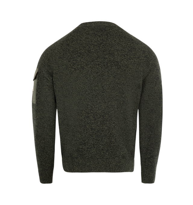 Image 2 of 3 - GREEN - MONCLER Moulin Wool & Cashmere Sweater featuring wool and cashmere blend moulin, stockinette knit, gauge 7, crew neck, longue saison sleeve pocket with snap button closure and logo patch. 90% virgin wool, 10% cashmere. Made in Moldova.