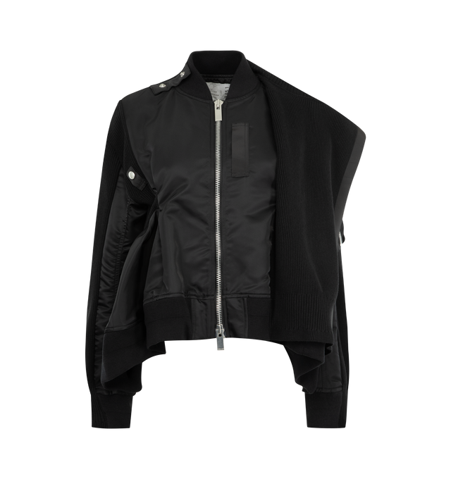 Image 1 of 4 - BLACK - SACAI Nylon Twill x Knit Blouson featuring round neck, long sleeves, stitching details, stretch cuffs and hem. 52% cotton, 46% polyester, 1% nylon, 1% polyurethane.