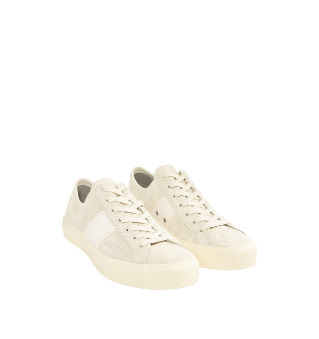 Image 2 of 5 - WHITE - TOM FORD Cambridge Suede Low-Top Sneakers featuring contrast smooth leather straps on the sides, flat heel, round toe, lace-up vamp, lozenge logo on the heel and rubber outsole. Lining: Leather. Made in Italy.