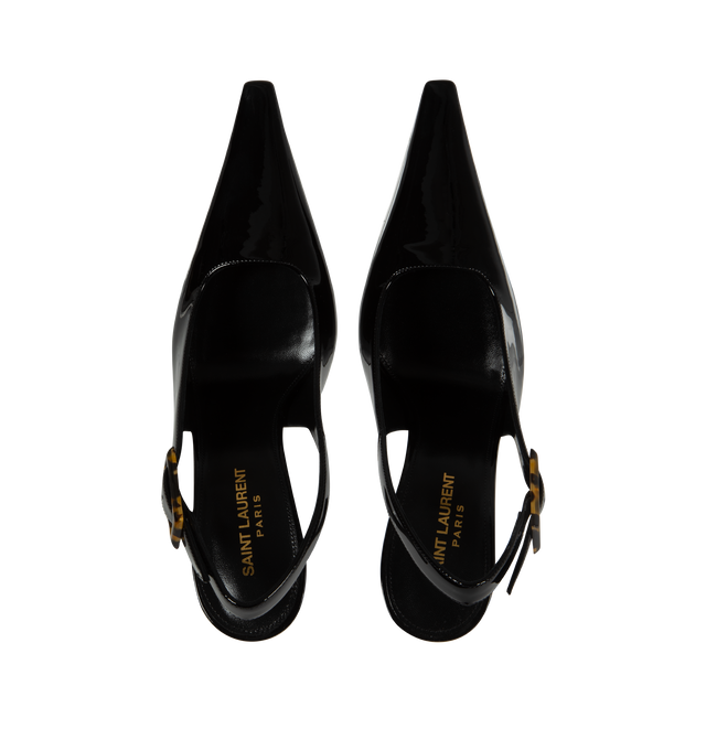 Image 4 of 4 - BLACK - SAINT LAURENT Dune Slingback Pumps in Patent Leather featuring pointed toe, low square cut vamp, flared heel, adjustable slingback strap and tortoiseshell buckle. 4.3 inche heel. Calfskin leather. Made in Italy.  