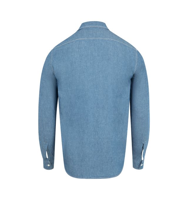 Image 2 of 2 - BLUE - ASPESI Camicia New C Slim Shirt featuring iconic mod. c washed Japanese chambray cotton work shirt with two patch chest pockets, contrasting natural-coloured yarn, stamp-printed logo on external placket, aspesi flag label inserted at side and slim fit. 100% cotton.