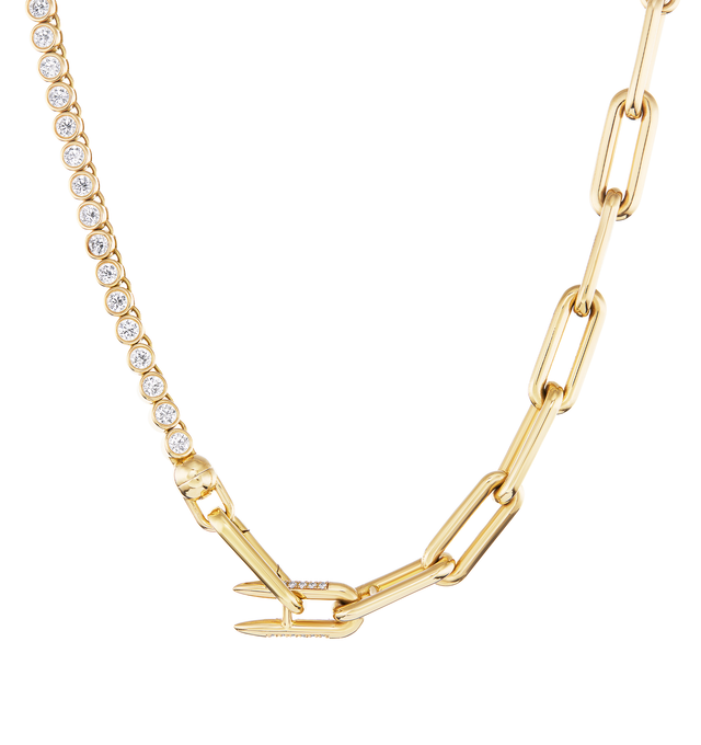 Image 2 of 3 - GOLD - Uniform Object Solid 14" 18K gold bezel set brilliant tennis necklace + 4" of heavy metal chain extender. Comes with a removable spring clasp + signature diamond encrusted spur. Crafted from 37G of 18K solid yellow gold with 8.7 TCW of 3MM round diamonds. Handmade in New York City. Hirshleifers offers a range of pieces from this collection in-store. For personal consultation and detailed information about jewelry, please contact our dedicated stylist team at personalshopping@hirshle