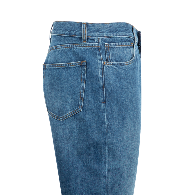 Image 3 of 3 - BLUE - The Row Burt Jeans featuring loose-fit, non-stretch denim, belt loops, five-pocket styling, button fly and logo-engraved antiqued copper-tone hardware. 100% cotton. Made in Italy.