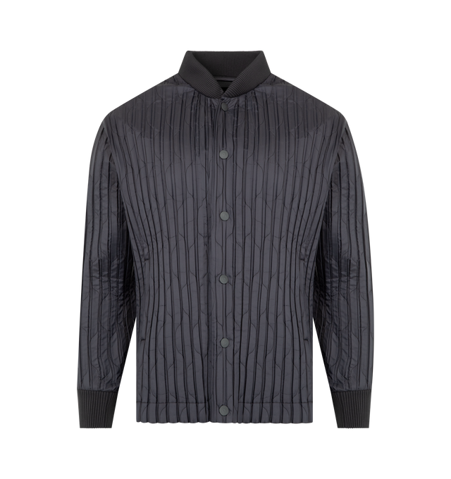 Image 1 of 3 - GREY - ISSEY MIYAKE Padded Pleats Blouson featuring ribbed stand collar, long sleeves, ribbed cuffs, pleated throughout, quilted design and front button closure. 100% polyester. Made in Japan.
