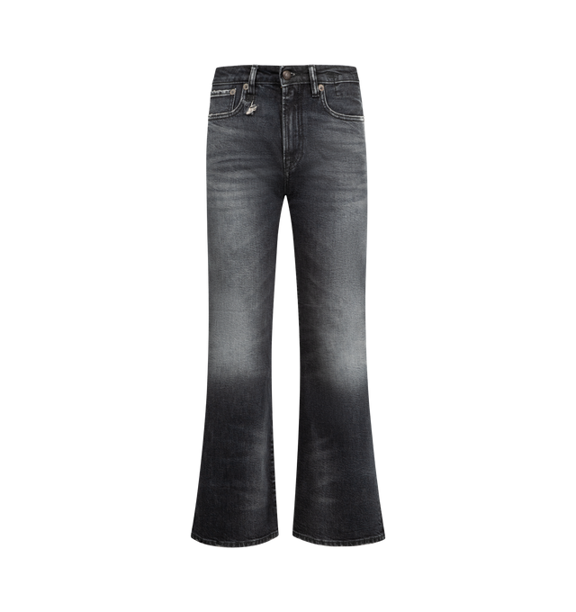 Image 1 of 3 - BLACK - R13 Joan Kick Flare Jeans featuring stretch denim, an ankle length with a kick flared hem,distressing throughout, belt loops, five-pocket styling, zip fly and leather logo patch at back waistband. 97% cotton, 3% elastane. Made in Italy.