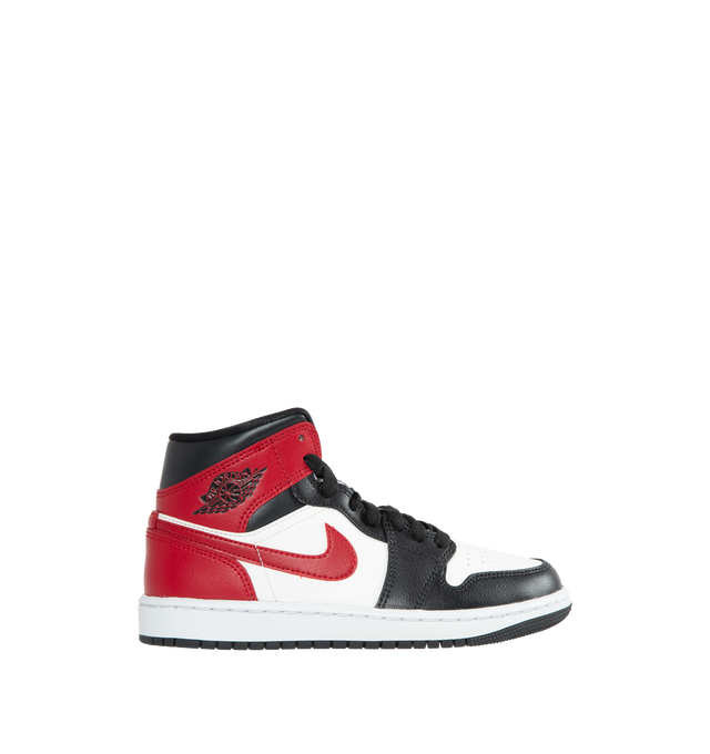Image 1 of 4 - MULTI - AIR JORDAN 1 MID are red, black and white sneakers made from a premium leather and synthetic upper which provides durability, comfort and support. These sneakers have an air-sole unit in the heel that delivers signature cushioning as well as has a rubber outsole that offers traction on a variety of surfaces. 