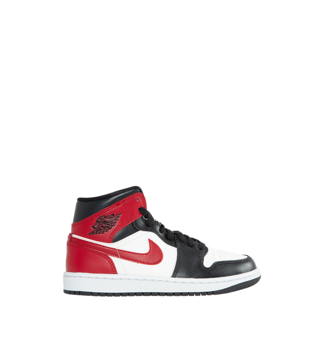 Image 1 of 4 - WHITE - AIR JORDAN 1 Mid Women's Sneakers are red, black and white sneakers made from a premium leather and synthetic upper which provides durability, comfort and support. These sneakers have an air-sole unit in the heel that delivers signature cushioning as well as has a rubber outsole that offers traction on a variety of surfaces.