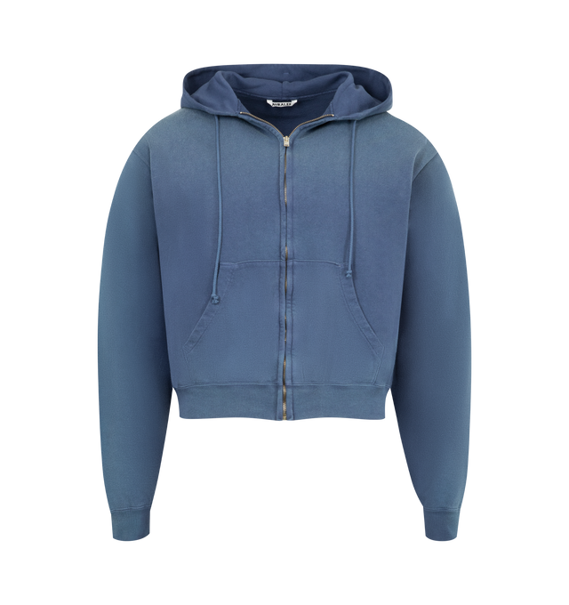 Image 1 of 2 - BLUE - AURALEE Product Dyed Pima Light Sweat Zip Parka Hoodie featuring front zip fastening, drawstring hood, front pouch pocket, long sleeves and ribbed hem. 100% cotton. Made in Japan.