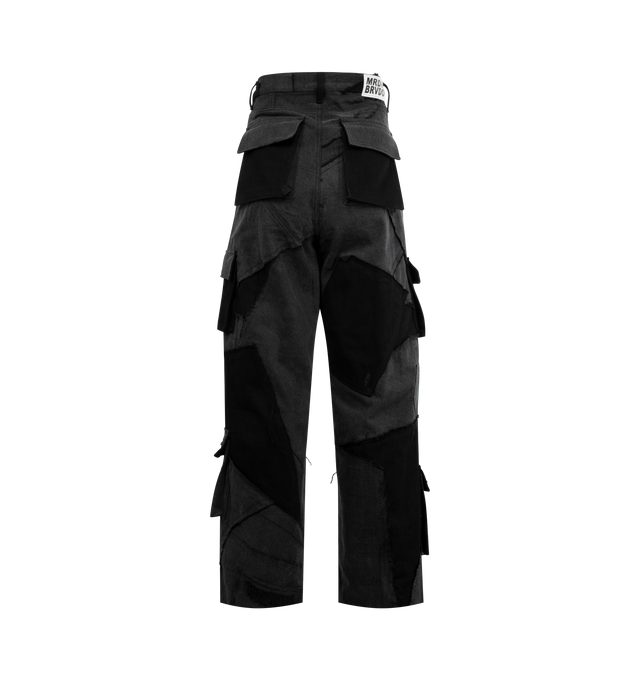 Image 2 of 3 - GREY - WHO DECIDES WAR Destroyed Paneled Cargos featuring a straight fit, embellished with repaired distressing throughout, paneled construction, two front pocket, two back flap pockets and flap pockets on outseam. 100% cotton.
