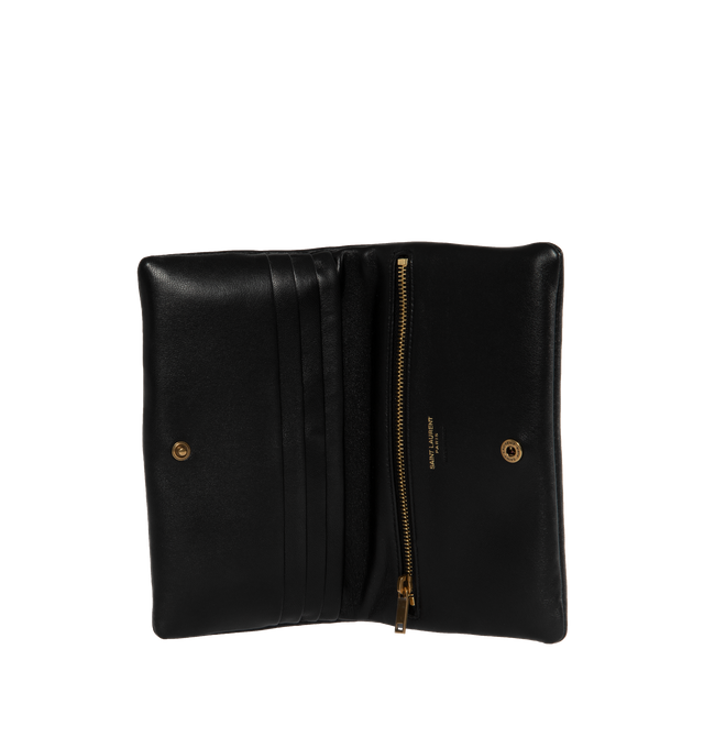 Image 2 of 3 - BLACK - SAINT LAURENT Calypso Large Wallet featuring pillowed effect, snap button closure, one zip pocket, one bill compartment and six card slots. 7.5" X 3.9" X 0.8". 100% lambskin.  