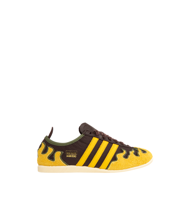 Image 1 of 5 - YELLOW - ADIDAS Japan Lo Brain Dead Sneaker featuring layered suede flame forms stitched onto the toe box and heel foxing, leather upper with toe box perforations, classic 3-Stripes branding and slim, flexible outsole.