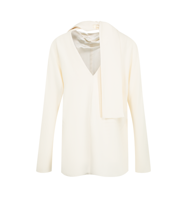 Image 2 of 2 - CREAM - Toteme Women's Cowl Neck Blouse is cut from fluid cady with a statement cowl neckline that falls softly across the chest. Slender scarf ends tie at the nape for an undone finish. Materials: 96% viscose, 4% polyester.