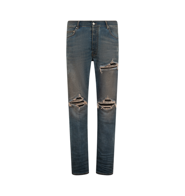 Image 1 of 3 - BLUE - Amiri Mens Ultrasuede MX1 Jeans are crafted from Italian stretch denim. Feature a slim fit, five-pocket styling, hand-distressed finish, pleated ultrasuede repair panels, button and zip closure, and signature MX1 construction. Main Material: 92% Cotton, 6% Elastomultiester, 2% Elastane. Made in USA.