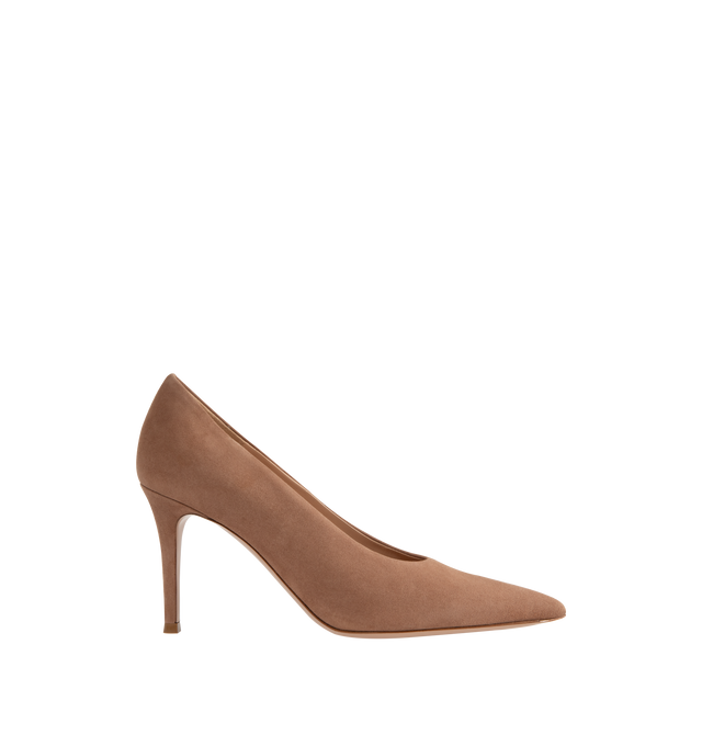 Image 1 of 4 - BROWN - GIANVITO ROSSI Robbie Pumps featuring calf suede, 85mm stiletto heel, slip-on style, pointed toe, branded leather insole and leather outsole.
