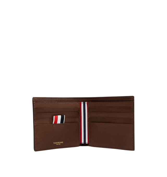 Image 3 of 3 - BROWN - THOM BROWNE Bilfold Wallet in soft calf featuring 8 card slots, tricolor stripe lining, signature striped grosgrain loop tab and gold foil printed logo. 100% calf leather. Lining: 100% polyester. Made in Italy.
